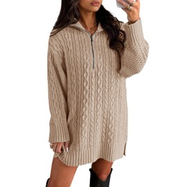 Saodimallsu Womens Cable Knit Mini Sweater Dress Quarter Zip Long Sleeve V Neck Collared Pullover Tunic Sweaters Light Khaki