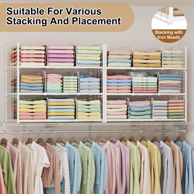 2-Pack Closet Organizers Stackable Clothing Storage Shelves, Expandable Clothes Shelf
