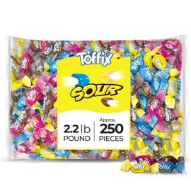 Toffix Sour Chews, Center-Filled Soft Chewy Candy, 250 Pieces of Individually Wrapped Snacks for Kids & Adult, Strawberry, Blueberry, Lemon & Cola Flavored Chewy Candies - 2 Pound Bulk Bag - Pack of 8