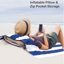 Olly & Rose Luxury Microfibre Extra Large Beach Towel with Zip Pocket and Inflatable Pillow and Reversible Pattern 100 x 200cm Blue - 300GSM Luxury Microfibre Light Weight Travel Towel…