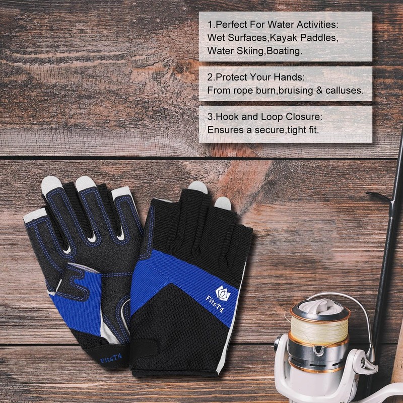FitsT4 Sports Kayaking Gloves 3/4 or Full Finger Padded Palm