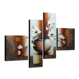 Wieco Art Large Size Decorative Elegant Flowers 4 Panels 100% Hand-painted Modern Contemporary Artwork Floral Oil Paintings on Canvas Wall Art for Home Decorations Wall Decor L