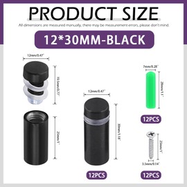 Swpeet 12 Sets 1/2" x 1-1/5" Black Stainless Steel Standoff Screws, Wall Standoff Mounts Glass Acrylic Nail with Screws and Wall Anchors, Mounting Glass Hardware for Hanging Picture Frame
