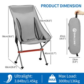 SHALLWE Camping Chairs, All Aluminum Frame Portable Folding Camp Chair for Adults, Heavy Duty Collapsible for Backpacking, Hiking, Beach, Sports (Grey)