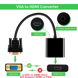 VGA to HDMI Adapter Converter 15 Pin D-sub to HDMI Converter 1080P Full HD VGA Source Output to HDMI Host Input Video Dongle for Monitor, Laptop, HDTV, PC (VGA Output to HDMI Input, Irreversible)