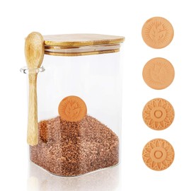 YLjindoia Brown Sugar Keeper Containers, Glass Food Storage Jars with 4 Terra Cotta Brown Sugar Savers, Lids and a Spoon, Suitable for Storing Food/Spices/Candies/Coffee Beans(1100ML)