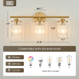 Jonsi Gold Bathroom Light Fixtures 3-Light Vanity Lights Modern Wall Sconce with Clear Glass Shade Brushed Brass Bathroom Light Fixture Over Mirror for Bedroom Hallway Kitchen