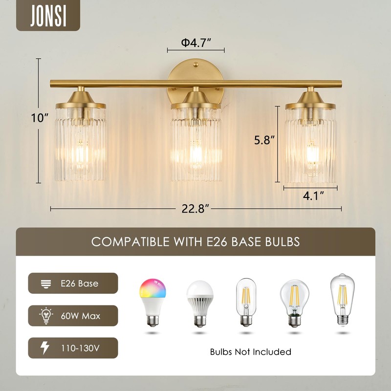 Jonsi Gold Bathroom Light Fixtures 3-Light Vanity Lights Modern Wall