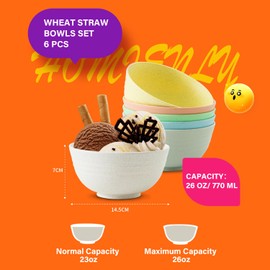 Homienly Cereal Bowls, Unbreakable Wheat Straw Bowls 26 OZ, 6 PCS Snack Bowls Set for Cereal, Soup, Oatmwal, Bowls For Kitchen, Alternative for Plastic Bowls, Dishwasher Safe Bowls(Macaron Series)