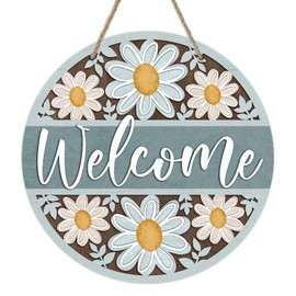 Deroro Welcome Spring Summer Daisy Flower Front Door Sign, Floral Farmhouse Wood Door Hanger Outdoor Outside Porch Decor, Rustic Seasonal Wooden Wreath Indoor Wall Hanging Decoration