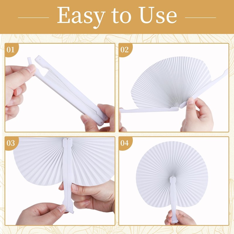 Aneco 200 Pieces Round Paper Folding Fans, White Foldable Handheld