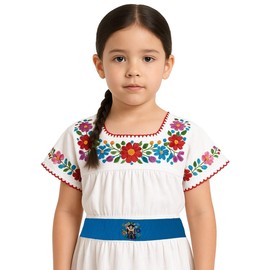 Mexican Folk Art Embroidered Belt, light blue Traditional Doll Design