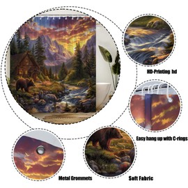 Rustic Shower Curtain Cabin Bear Foggy Mountain Pine Tree Forest Lodge Sunset Nature Landscape Fabric Bathroom Decor Sets with Hooks