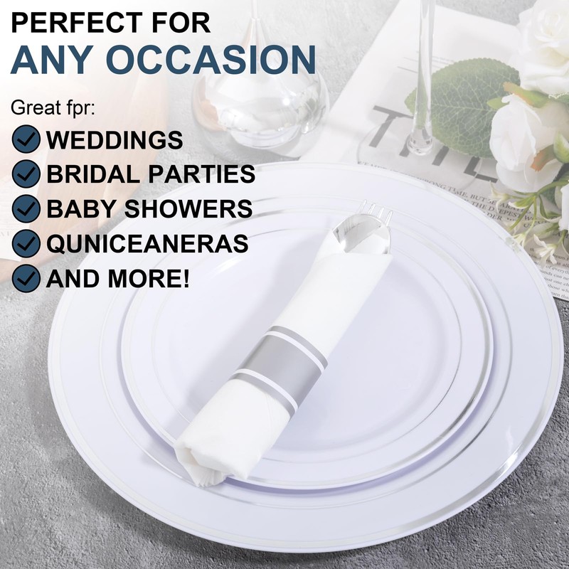 Joyido 100Guests Pre Rolled Silver Plastic Silverware Sets - Heavy