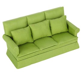 1:12 Doll House Mini Sofa with 3pcs Pillow Living Room Furniture Wooden Doll House Decoration Accessories Green Doll House