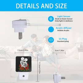 Meikosks Skull Red Rose Night Light,Flowers Skeleton Night Lights Plug into Wall Dusk to Dawn Sensor Led Lamp for Women Men,Led Lights for Stairway/Hallway/Bedroom,0.5W