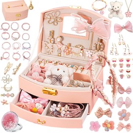 velachuan Princess Jewelry Box for Girls with Hair Accessories,Girls Hair Clips Bows Set, Fashion Hair Styling Kit with Mirror,Pink Sparkle Trinket Box Includes Hair Clips