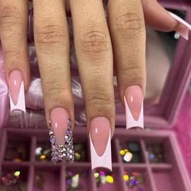 MERVF Square Press on Nails Long Fake Nails Press ons White French Tip Glue on Nails with Rhinestones Design Luxury Squoval Acrylic False Nails Glossy 24Pcs