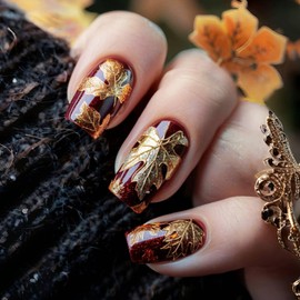 3D Maple Leaf Press on Nails Glossy Gold Glitter Acrylic Fake Nail Thanksgiving Medium Square False Nails 24Pcs Fall Leaves Stick on Fingernails Autumn Gel Glue on Nail for Coquette Women Girls