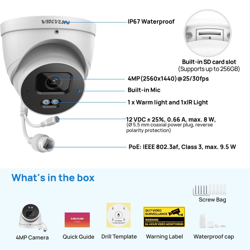 VIKYLIN 4MP PoE IP Camera,DMSS/SmartPss Lite,2.8mm Lens Smart Dual Light