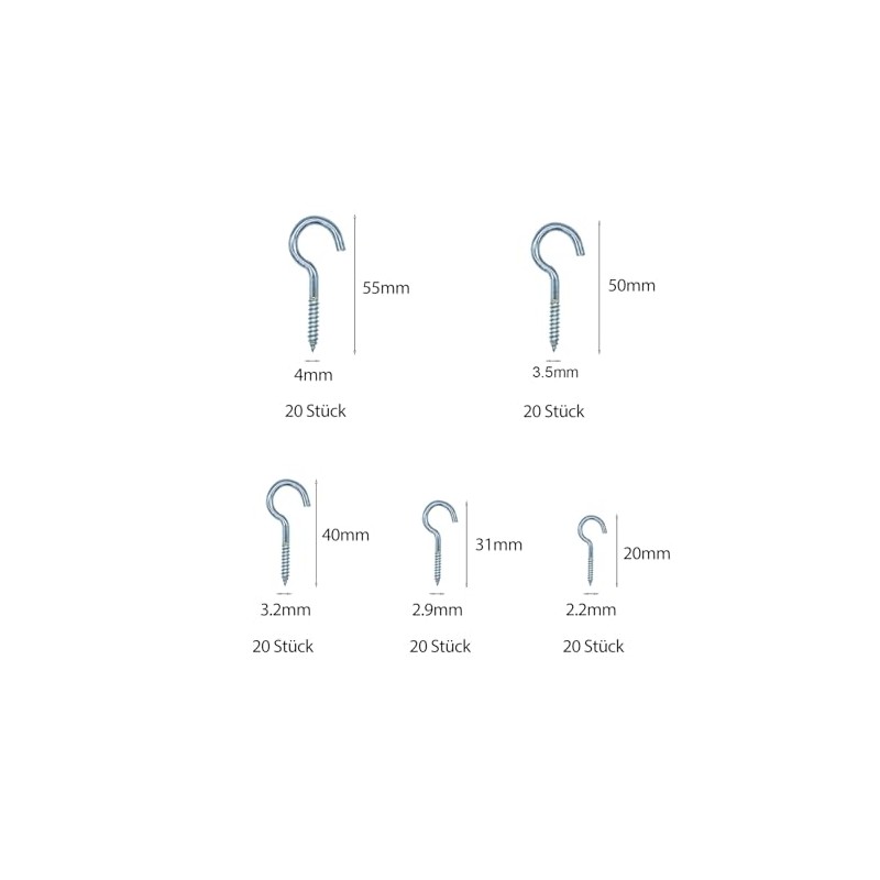 WEAXIO Pack of 100 Screw Hooks, 5 Sizes, Galvanised Metal