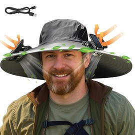 Solar Powered Fan Hat with 2 Removable Fans Wide Brim Sun Hat for Men Women, UPF 50+ Outdoor Fishing, Hiking Gardening, USB Solar Charging Grey