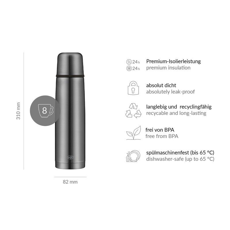 alfi isoTherm Perfect Insulated Flask, Stainless Steel, Grey, 1 Litre,