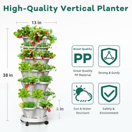 Tectsia Strawberry Vertical Planter Tower Garden, 7 Tiered Stackable Planter Herb Garden Planter with Movable Casters and Bottom Saucer Indoor and Outdoor - White