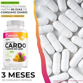 BioHerb® | Cardo Mariano + Diente de León | 80% Silimarina Estandarizada | Fórmula Potenciada | 180 Cápsulas de 500 mg | Suplemento Alimenticio | Sumi