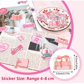 63 Pcs Pink Book Stickers, Aesthetic Scrapbook Stickers, Cartoon Waterproof Reading Sticker, Cute Vinyl Sticker for Laptop Water Bottle Scrapbook Notebook