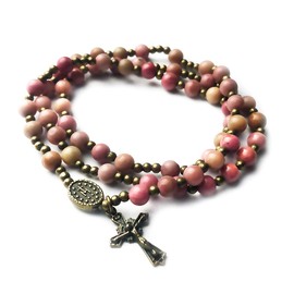 Pink Rhodonite Stone Catholic Rosary Bracelet for Women with Virgin Mary Our Lady of Graces Medal Charm - Catholic Gifts - Rosarios Catolicos