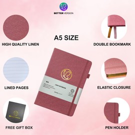 Better Version® A5 Lined Notebook with Gift Box - Journal Notebook for Women and Men - 200 Pages with Gold Edges - 100gsm Quality Paper- Linen Hardcover (Pink)