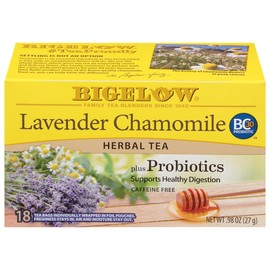 Bigelow Tea Lavender Chamomile plus Probiotic Herbal Tea, Caffeine Free, 18 Total Tea Bags (Pack of 1)