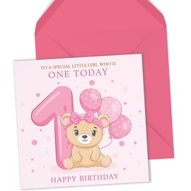 Ruby Ashley 1st Birthday Card For A Girl - Cute Teddy Bear Birthday Card For A One Year Old Girl With Balloons - 1st Birthday Card reg;