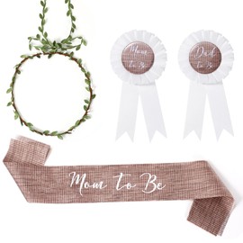 Xinnun 4 Pieces Mom to Be Sash Rustic Baby Shower Sash Mom to Be Corsage with Green Leaf Crown Dad to Be Corsage Set Farmhouse Baby Shower Party Favors for Gender Reveal (Burlap Style)