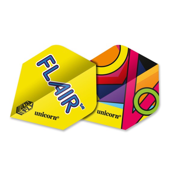 Unicorn Ultrafly Dart Flights | Flair 2 Yellow & Multicolour Abstract Design | Standard Plus Shape | Durable 100 Micron Polyester PET | Set of 3