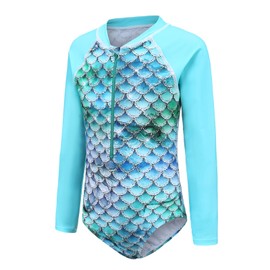 Big Girls One Piece Mermaid Swimsuits Long Sleeve Rash Guard Kids UPF 50+ Sun Protection Bathing Suits for Surfing Green Size 10/8-10