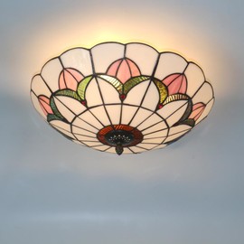 Xinyeal Tiffany Style Ceiling Light 16 Inch Stained Glass Flush Mount Ceiling Light for Bedroom Chandelier Vintage Pendent Light Fixtures (16 Inch White Pink)