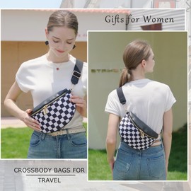 uniosul Women's Shoulder Bag, Wide Strap, Bum Bag, Stylish Checkered Crossbody Bag, Small Shoulder Bag for Festival Travel, black