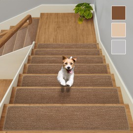 GROWLING Linen Stair Treads for Wooden Steps Indoor 30x8 inch, 15pcs Upgraded Self Adhesive Backing Non Slip Stair Carpets, Peel and Stick Stair Runner Rugs, Reusable Staircase Step Treads(Brown)