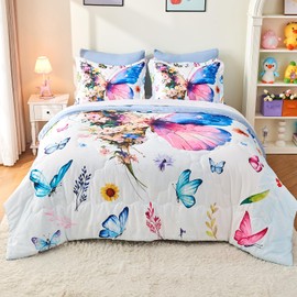 Jameswish 7 Piece Butterfly Comforter Set Queen Size 3D Colorful Floral Butterflies Bedding Set for Kids Girls Women for Birthday