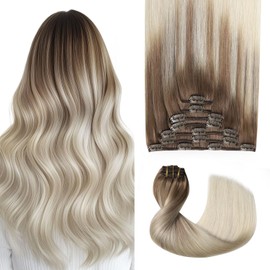 Sweetmet Pro2.0 Clip in Hair Extensions Real Human Hair 120g Thick 7pcs Color #8/60 Ash Brown to Platinum Blonde Remy Real Human Hair Extensions Clip ins 14inch Double Weft（#8/60-14inch）
