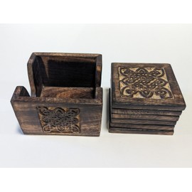 Celtic coaster set - Mango wood coaster holder with 6 coasters, 4 inch square coasters, tabletop protection and natural decor