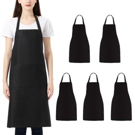 TAYUQEE Chef Apron for Men Women - 5 Pack Unisex Bib Aprons with 2 Pockets, Washable Kitchen Aprons for Cooking Baking Restaurant crafting, BBQ Drawing Apron Bulk, Black