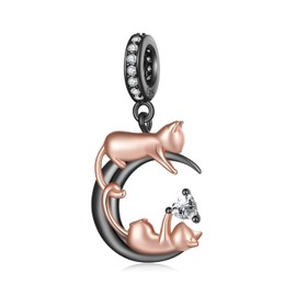 NINGAN 925 Sterling Silver and Rose Gold Kitten Pendant Black Charm Pendant Compatible Ladies Bracelet Necklace Birthday Gift for a Friend's Family