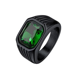 Bestyle Chunky Band Ring for Men, Stainless Steel Ring with Engraving, Synthetic Gemstone Black Onyx/Emerald/Sapphire/Ruby 10 x 12 mm, Men's Ring, CZ Biker Ring, Pinky Jewellery, Size 54-72, Stainless
