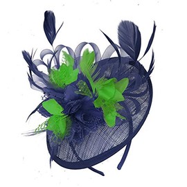 Caprilite Navy Blue and Jade Green Sinamay Disc Saucer Fascinator Hat for Women Weddings Headband