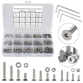 FandWay 900Pcs M2 M2.5 M3 Hex Socket Countersunk Screws,304 Stainless Steel Flat Head Internal Hex Screws, Fully Threaded Machine Screws Nuts Bolts and Washers Assortment With Allen Key(Silver)