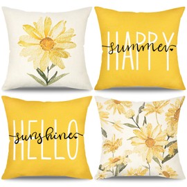 Dremisland Summer Pillow Covers 18x18 Set of 4 Hello Sunhine Pillow Case Farmhouse Sunflowers Floral Throw Pillow Covers Yellow Linen Cushion Case Summer Decor for Sofa Couch Indoor Outdoor Home