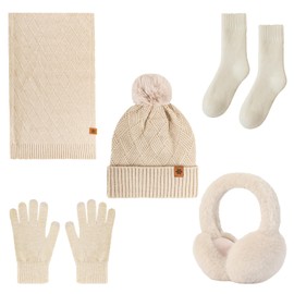 Knitted Hat and Scarf Set 5 PCS Winter Cold Weather Set, Ski Outing Set Plush Ear Warmers Beanie Hat Scarf Touch Screen Gloves Women Thermal Socks for Skiing Outdoor Sports